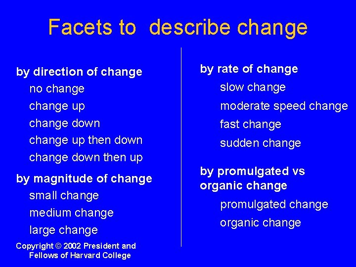Facets to describe change by direction of change no change up change down change