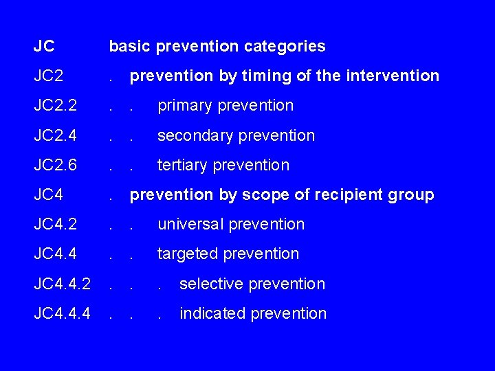 JC basic prevention categories JC 2 . prevention by timing of the intervention JC