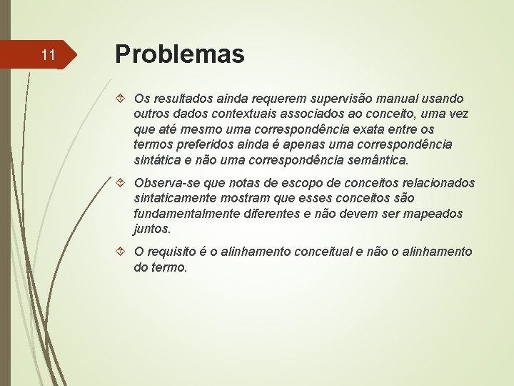 11 Problemas Os resultados ainda requerem supervisão manual usando outros dados contextuais associados ao