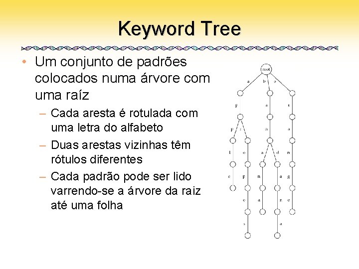 Keyword Tree • Um conjunto de padrões colocados numa árvore com uma raíz –