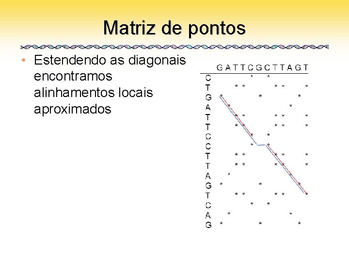 Matriz de pontos • Estendendo as diagonais encontramos alinhamentos locais aproximados 