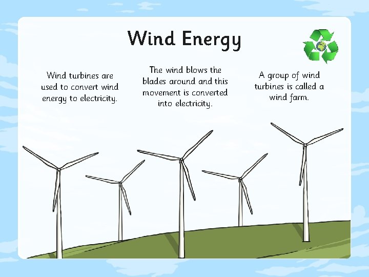 Wind Energy Wind turbines are used to convert wind energy to electricity. The wind