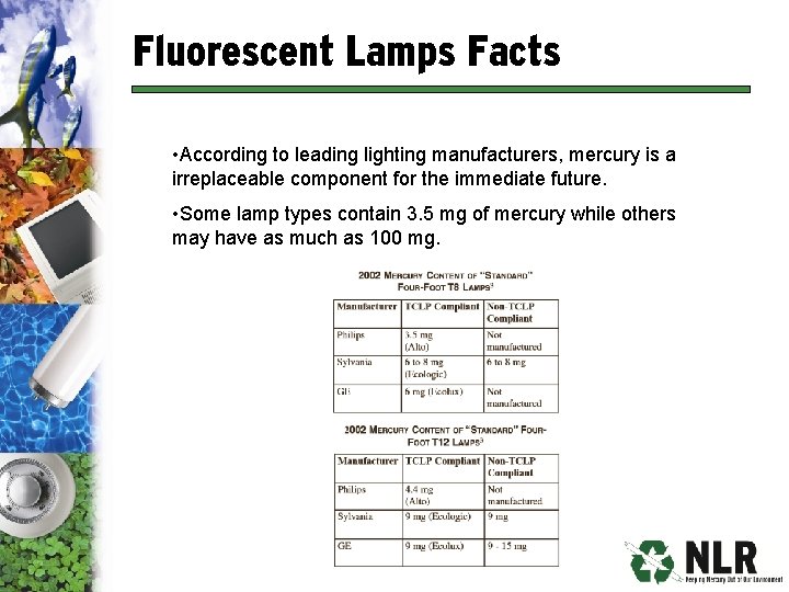 Fluorescent Lamps Facts • According to leading lighting manufacturers, mercury is a irreplaceable component