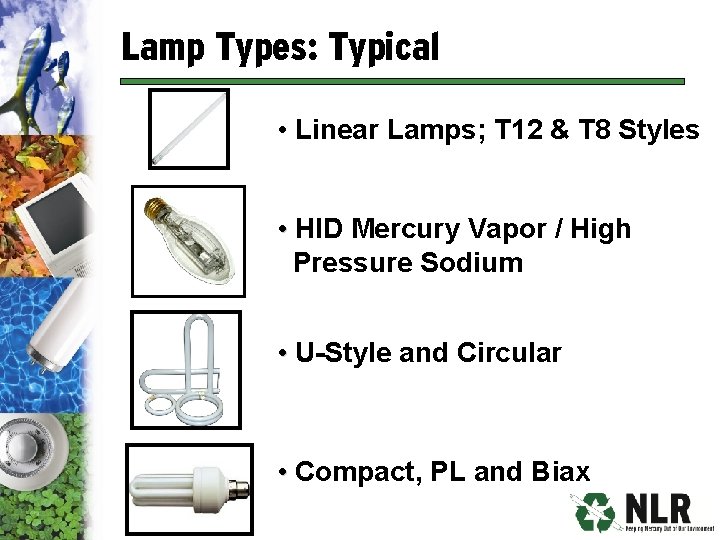 Lamp Types: Typical • Linear Lamps; T 12 & T 8 Styles • HID