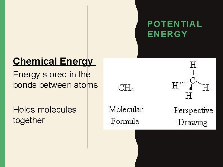 POTENTIAL ENERGY Chemical Energy stored in the bonds between atoms Holds molecules together 