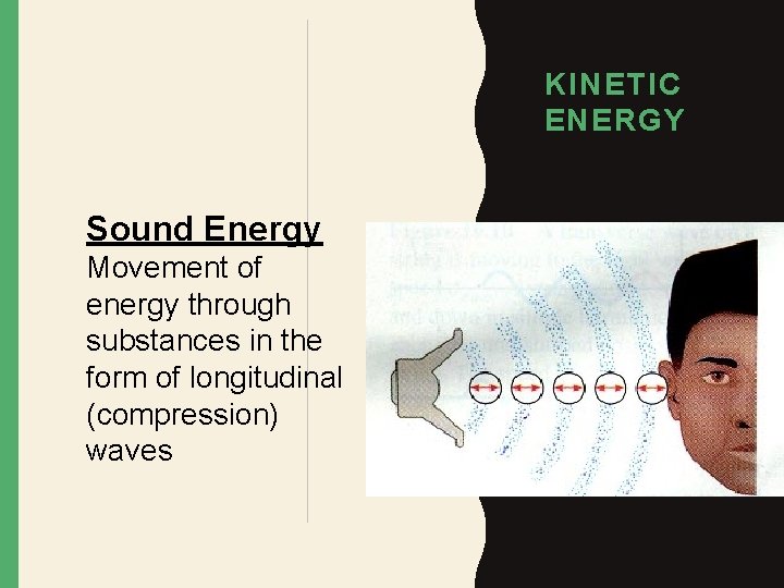 KINETIC ENERGY Sound Energy Movement of energy through substances in the form of longitudinal