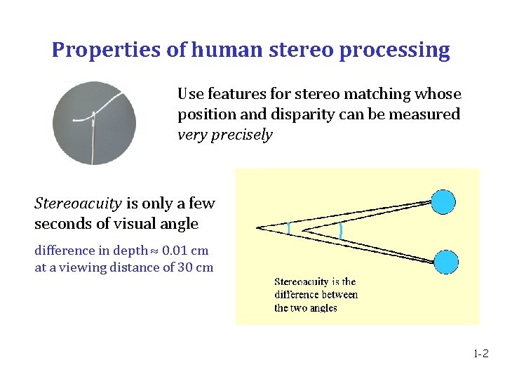 Properties of human stereo processing Use features for stereo matching whose position and disparity