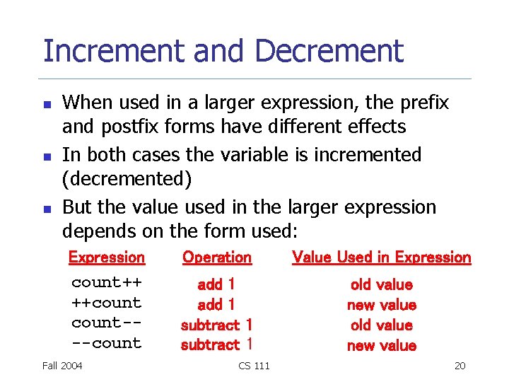 Increment and Decrement n n n When used in a larger expression, the prefix Increment and Decrement n n n When used in a larger expression, the prefix