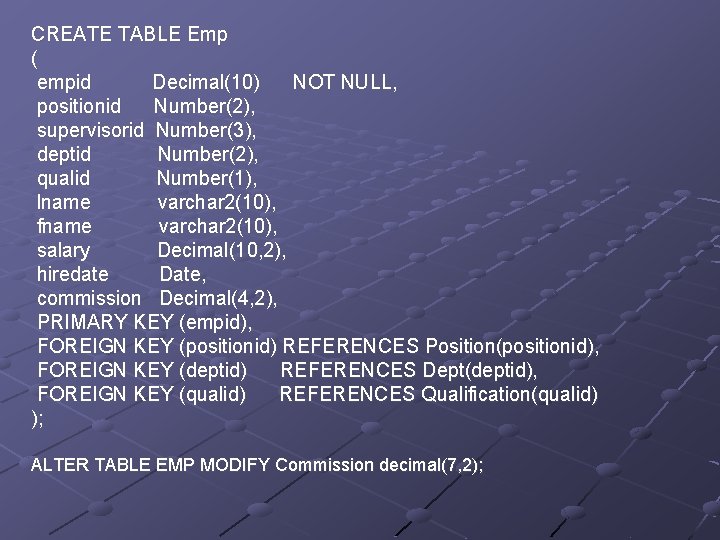 CREATE TABLE Emp ( empid Decimal(10) NOT NULL, positionid Number(2), supervisorid Number(3), deptid Number(2),