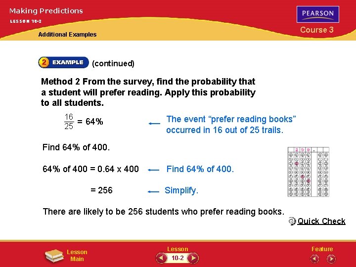 Making Predictions LESSON 10 -2 Course 3 Additional Examples (continued) Method 2 From the