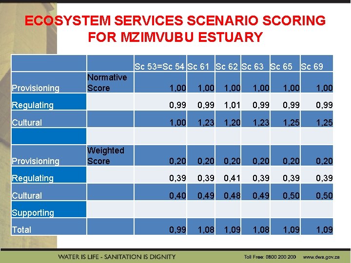ECOSYSTEM SERVICES SCENARIO SCORING FOR MZIMVUBU ESTUARY Sc 53=Sc 54 Sc 61 Sc 62