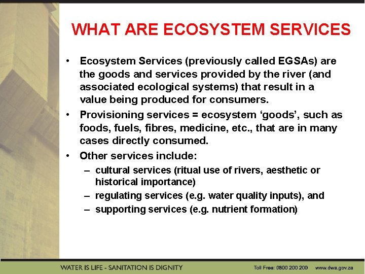 WHAT ARE ECOSYSTEM SERVICES • Ecosystem Services (previously called EGSAs) are the goods and