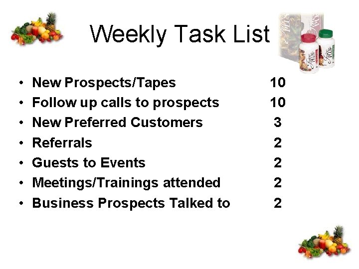 Weekly Task List • • New Prospects/Tapes Follow up calls to prospects New Preferred