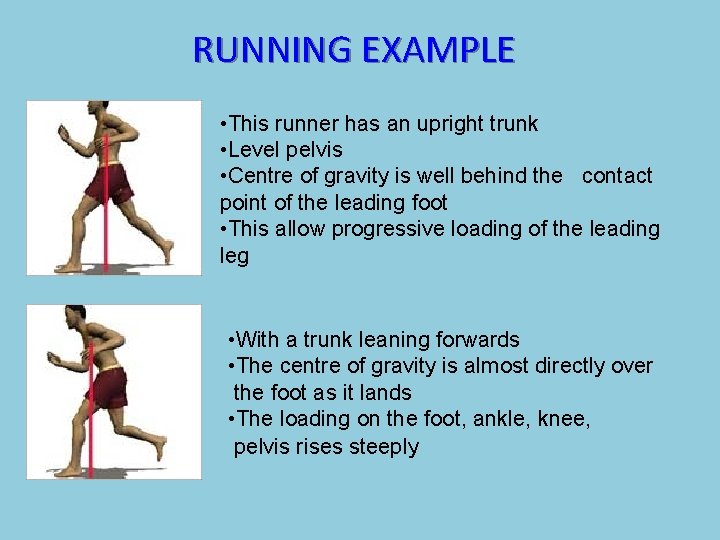RUNNING EXAMPLE • This runner has an upright trunk • Level pelvis • Centre