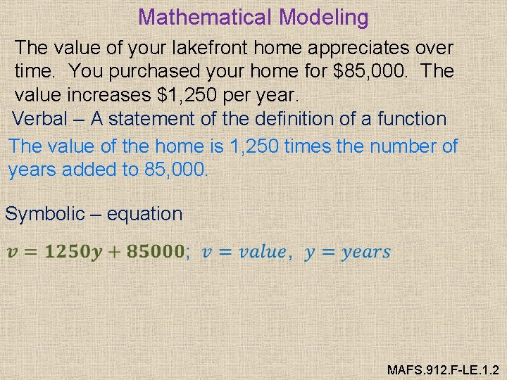 Mathematical Modeling The value of your lakefront home appreciates over time. You purchased your
