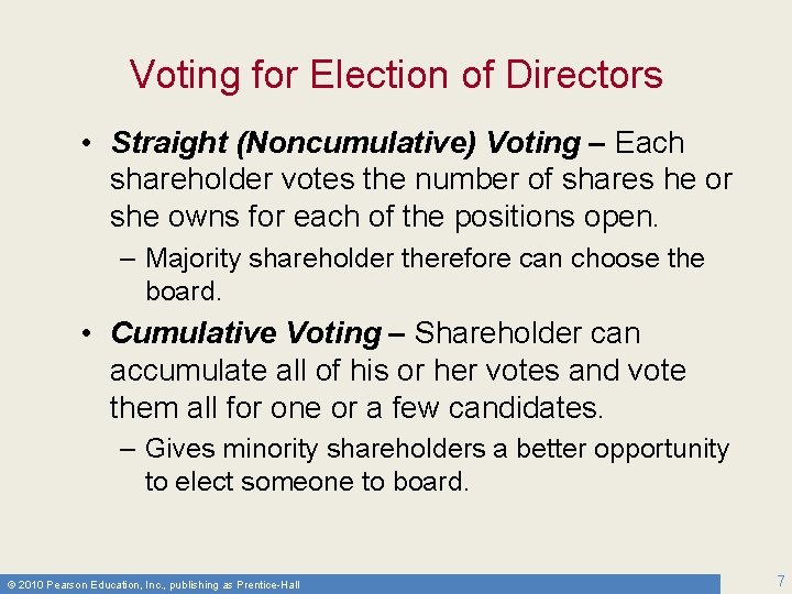 Voting for Election of Directors • Straight (Noncumulative) Voting – Each shareholder votes the