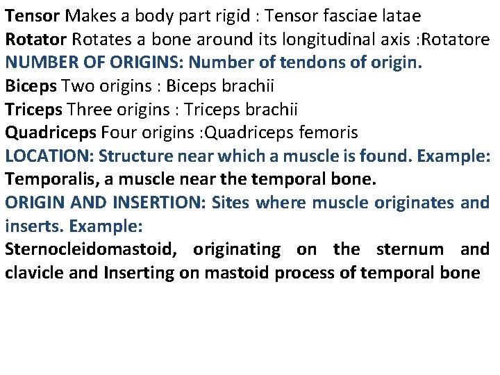 Tensor Makes a body part rigid : Tensor fasciae latae Rotator Rotates a bone