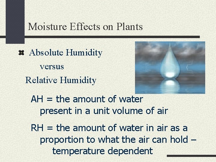 Moisture Effects on Plants Absolute Humidity versus Relative Humidity AH = the amount of