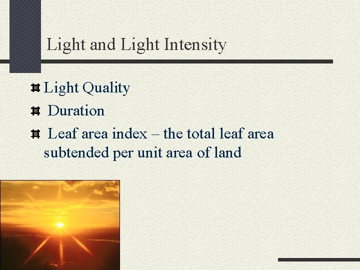 Light and Light Intensity Light Quality Duration Leaf area index – the total leaf