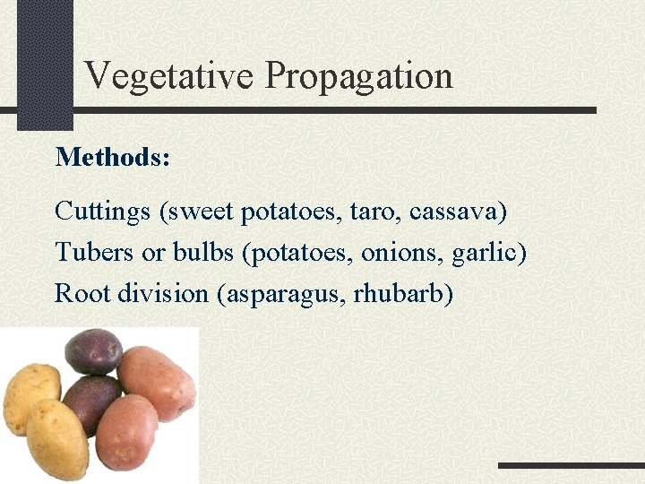 Vegetative Propagation Methods: Cuttings (sweet potatoes, taro, cassava) Tubers or bulbs (potatoes, onions, garlic)