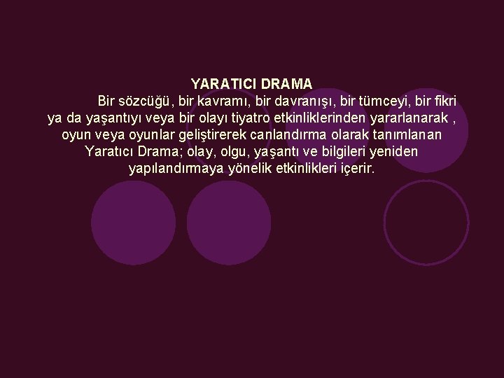 YARATICI DRAMA Bir sözcüğü, bir kavramı, bir davranışı, bir tümceyi, bir fikri ya da