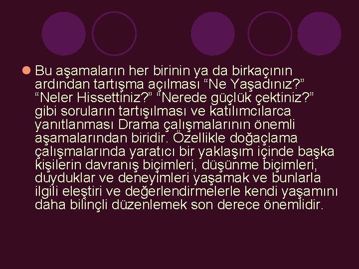 l Bu aşamaların her birinin ya da birkaçının ardından tartışma açılması “Ne Yaşadınız? ”