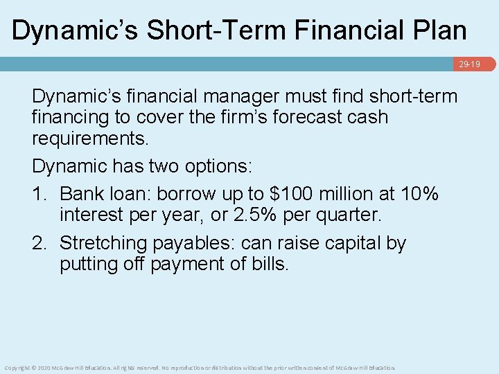 Dynamic’s Short-Term Financial Plan 29 -19 Dynamic’s financial manager must find short-term financing to