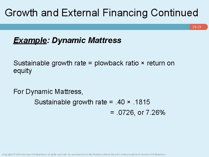 Growth and External Financing Continued 29 -29 Example: Dynamic Mattress Sustainable growth rate =
