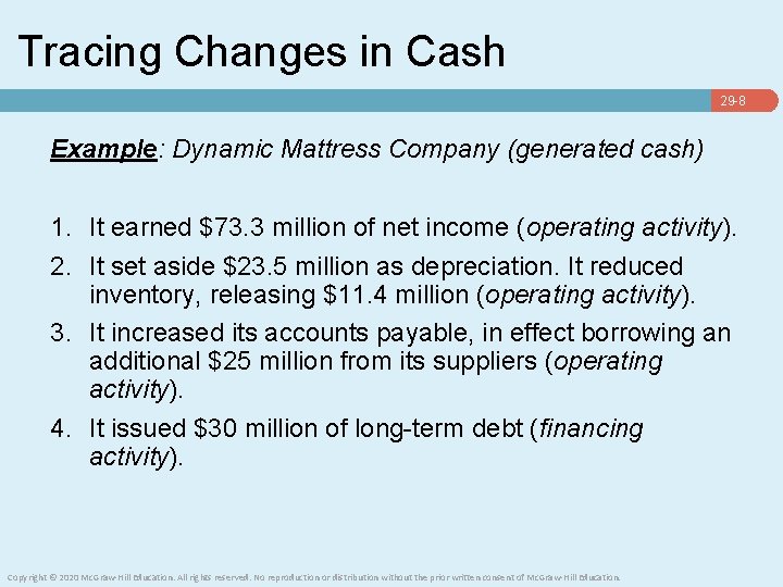 Tracing Changes in Cash 29 -8 Example: Dynamic Mattress Company (generated cash) 1. It