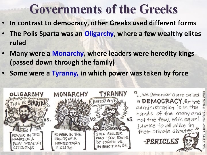 Governments of the Greeks • In contrast to democracy, other Greeks used different forms