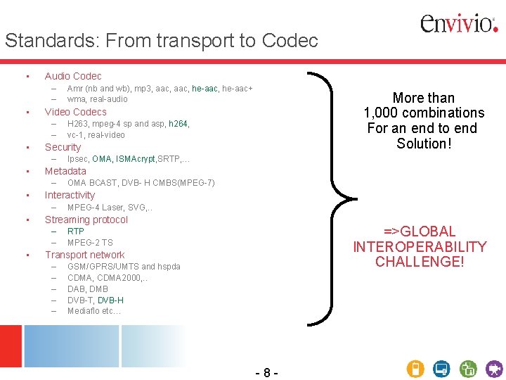 Standards: From transport to Codec • Audio Codec – – • MPEG-4 Laser, SVG,