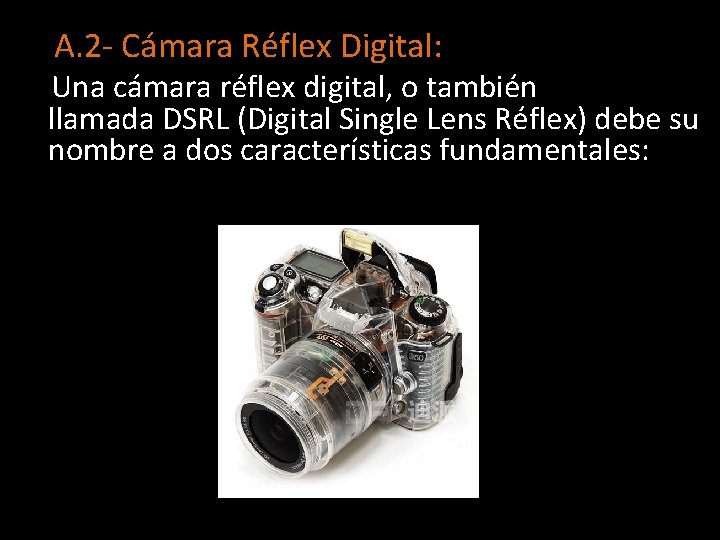 A. 2 - Cámara Réflex Digital: Una cámara réflex digital, o también llamada DSRL