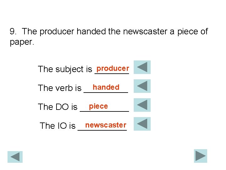 9. The producer handed the newscaster a piece of paper. producer The subject is