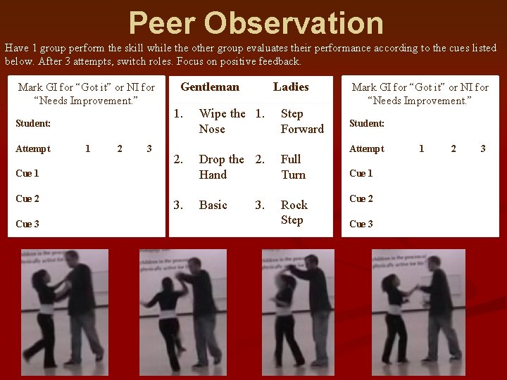 Peer Observation Have 1 group perform the skill while the other group evaluates their