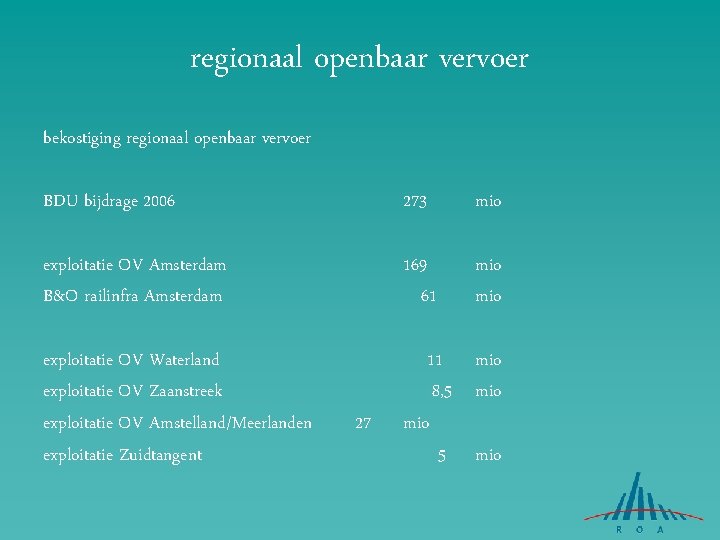 regionaal openbaar vervoer bekostiging regionaal openbaar vervoer BDU bijdrage 2006 273 mio exploitatie OV