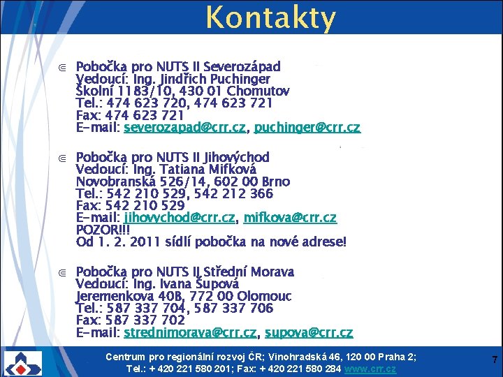 Kontakty ⋐ Pobočka pro NUTS II Severozápad Vedoucí: Ing. Jindřich Puchinger Školní 1183/10, 430