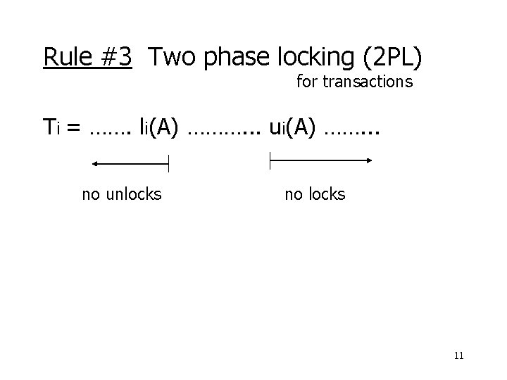 Rule #3 Two phase locking (2 PL) for transactions Ti = ……. li(A) ……….