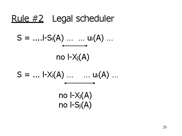 Rule #2 Legal scheduler S =. . l-Si(A) … … ui(A) … no l-Xj(A)