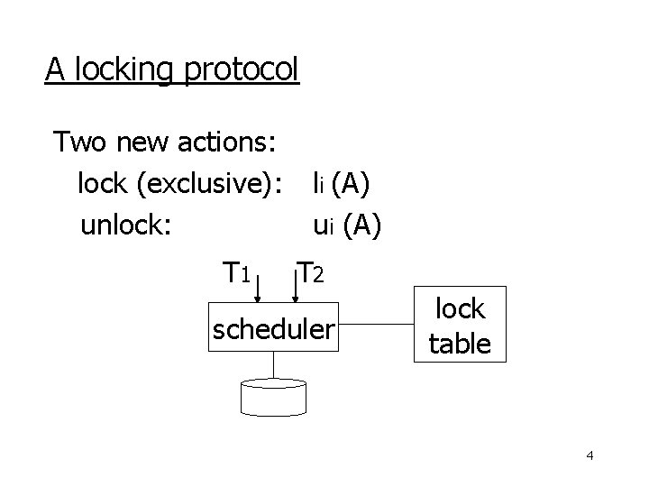 A locking protocol Two new actions: lock (exclusive): unlock: T 1 li (A) ui