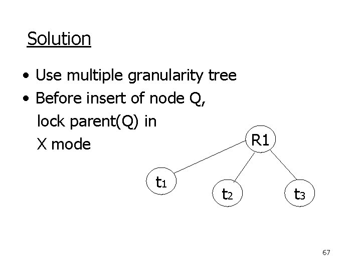 Solution • Use multiple granularity tree • Before insert of node Q, lock parent(Q)