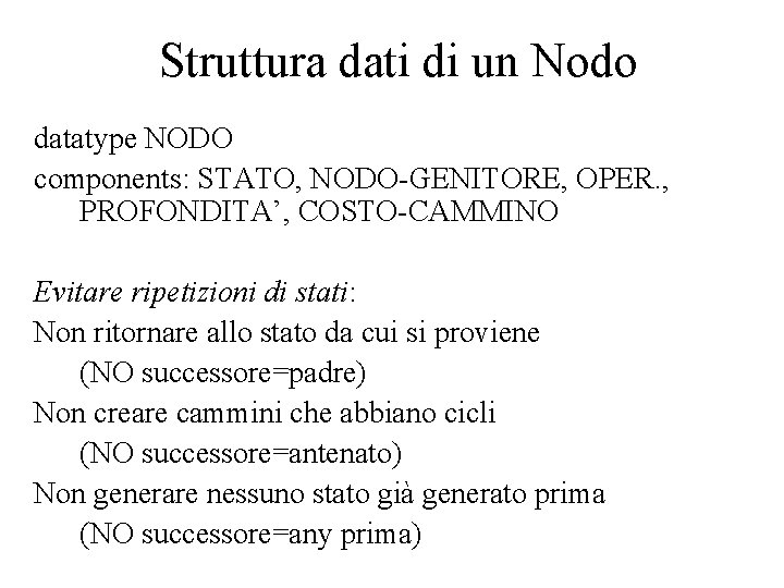 Struttura dati di un Nodo datatype NODO components: STATO, NODO-GENITORE, OPER. , PROFONDITA’, COSTO-CAMMINO