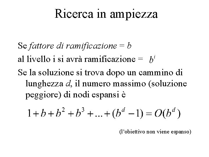 Ricerca in ampiezza Se fattore di ramificazione = b al livello i si avrà