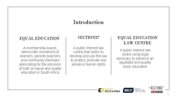 Introduction EQUAL EDUCATION SECTION 27 A membership-based, democratic movement of learners, parents, teachers and