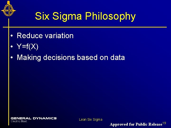 Six Sigma Philosophy • Reduce variation • Y=f(X) • Making decisions based on data Six Sigma Philosophy • Reduce variation • Y=f(X) • Making decisions based on data