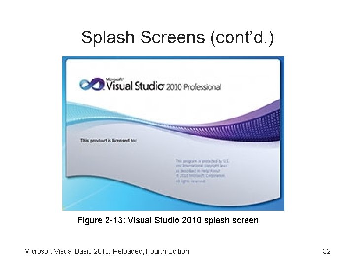 Splash Screens (cont’d. ) Figure 2 -13: Visual Studio 2010 splash screen Microsoft Visual
