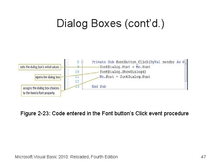 Dialog Boxes (cont’d. ) Figure 2 -23: Code entered in the Font button’s Click