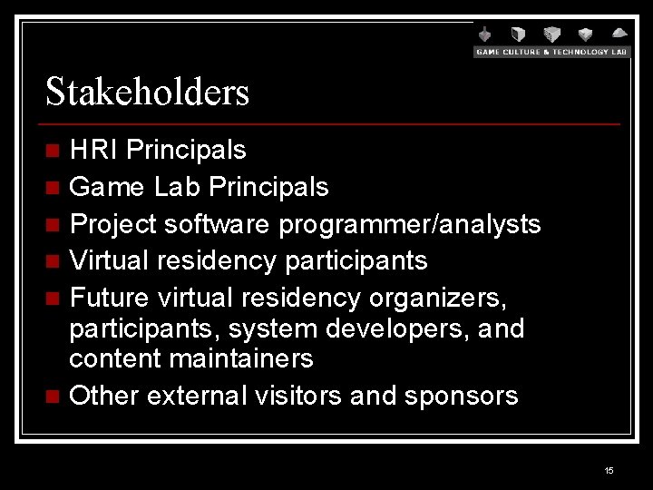 Stakeholders HRI Principals n Game Lab Principals n Project software programmer/analysts n Virtual residency