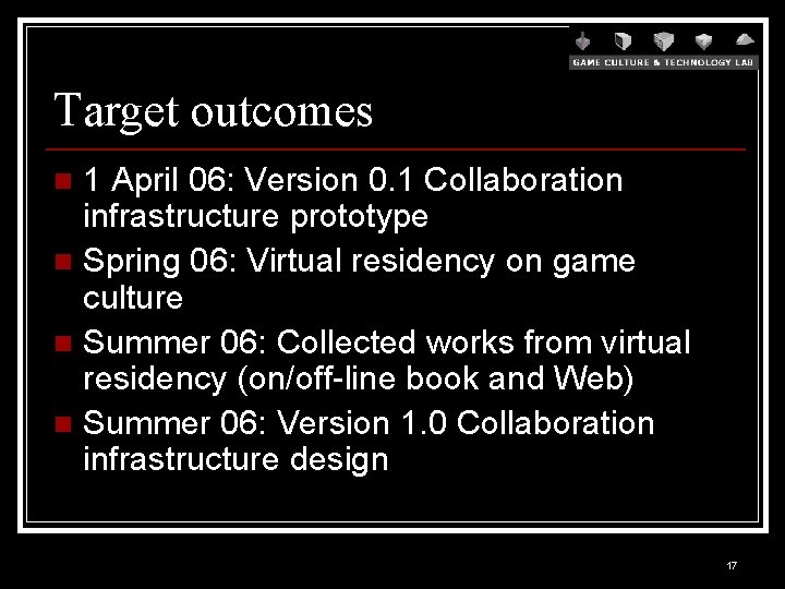 Target outcomes 1 April 06: Version 0. 1 Collaboration infrastructure prototype n Spring 06: