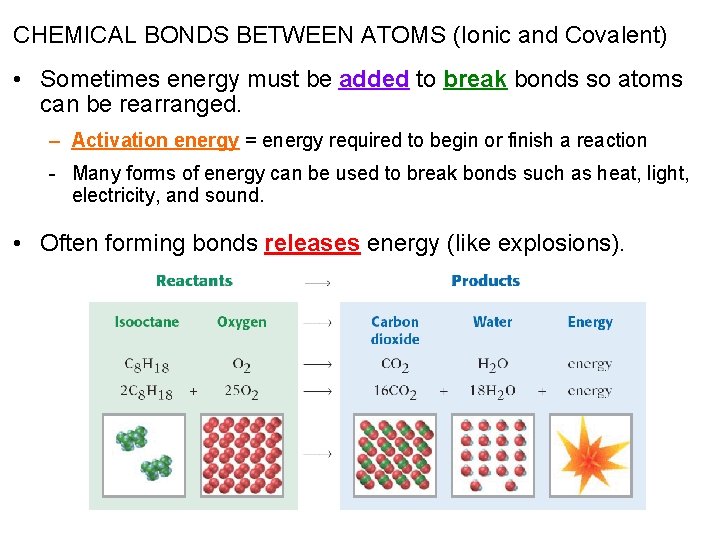 CHEMICAL BONDS BETWEEN ATOMS (Ionic and Covalent) • Sometimes energy must be added to
