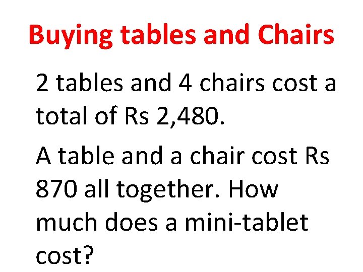 Buying tables and Chairs 2 tables and 4 chairs cost a total of Rs